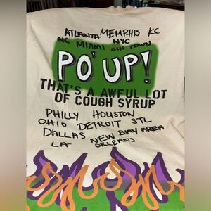 The brand is an awful lot of cough syrup. T-shirt has nice graphic designs on it